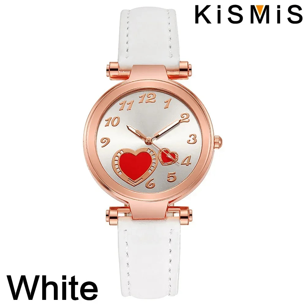 Women Fashion Watch Peach Heart Quartz Watch for Women Frosted Leather Strap Ladies Wristwatch Casual Dress Watch Gift for Her