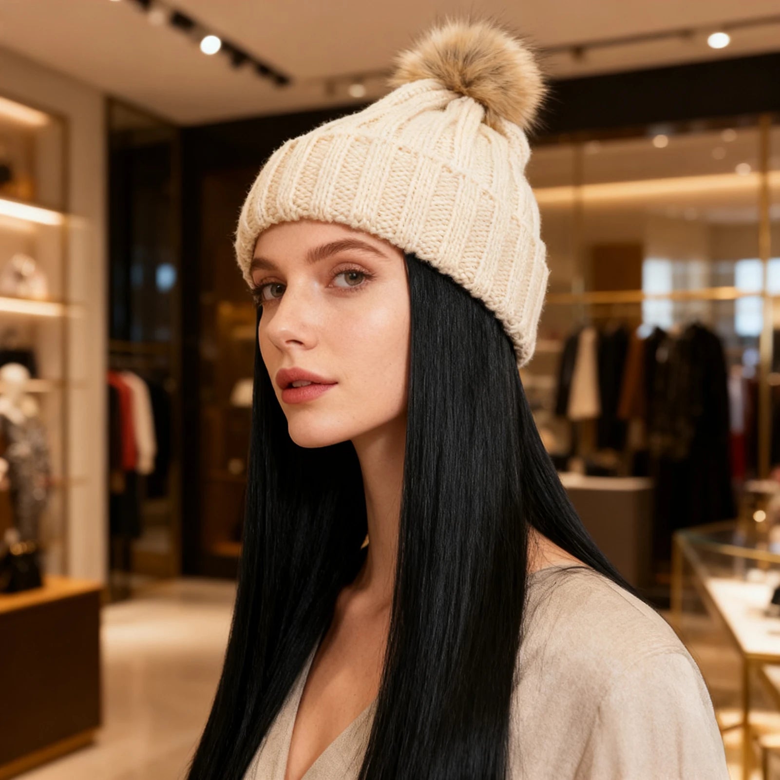 Gorro de punto para mujer, con pelo largo liso, cálido, para invierno, con pelo de fibra sintética negra realista, para clima frío