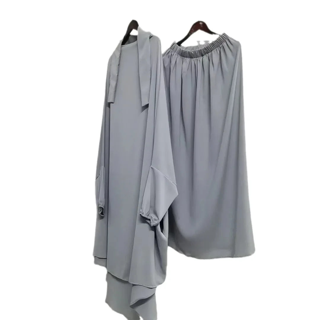 Skirt 2 Piece Sets Eid Muslim Women  Modest Outfits Tops Hooded Long Skirts Ensemble Ramadan Morocco Dubai Islam Suit