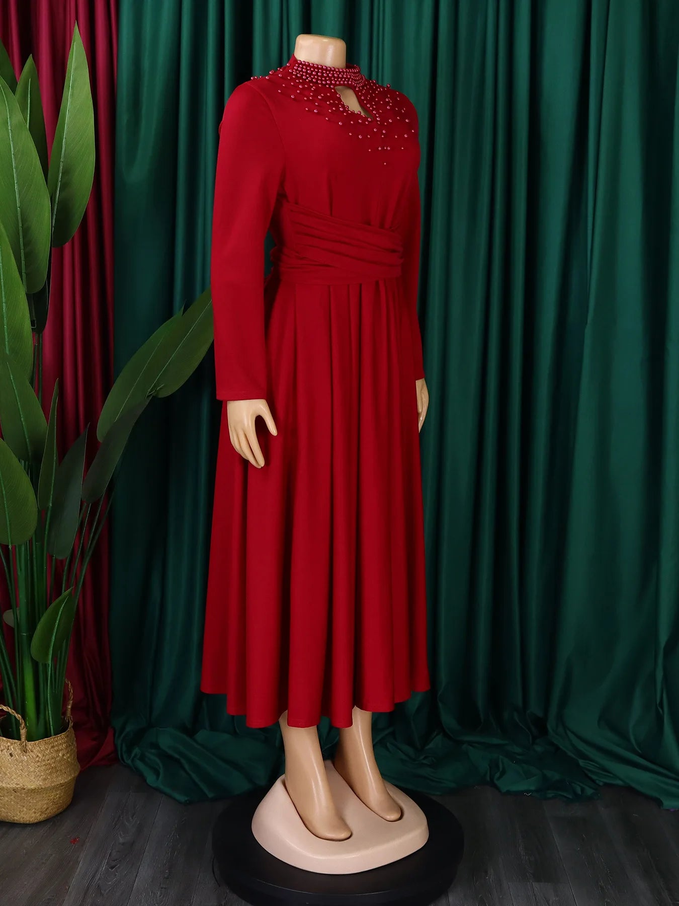 Vestido Elegante Africano para Mujer, Vestidos de Noche con Cuello Alto y Cuentas a la Moda, Vestido Delgado de Temperamento para Mujer, Vestidos Casuales de Manga Larga