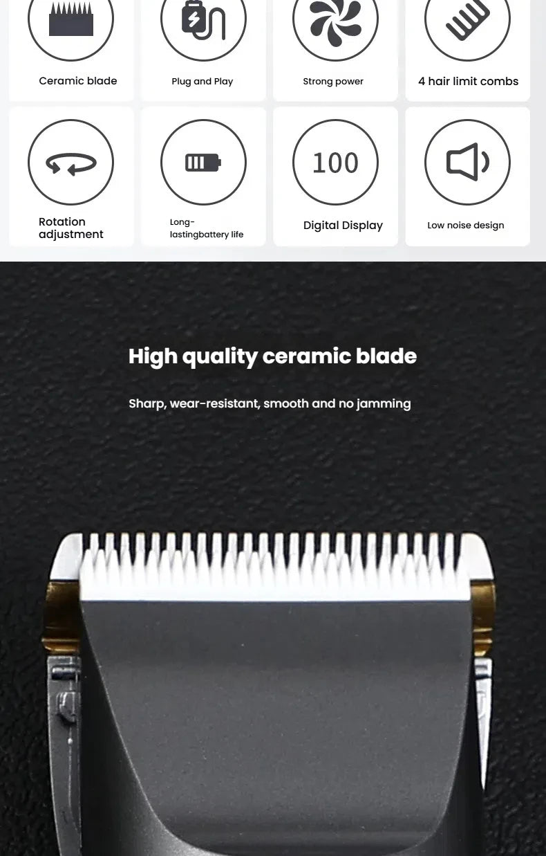 Hair Clipper for Men & Kids - Barber-Grade Beard Trimmer with Ceramic Blades Low Noise Precision Hair Cutting Machine