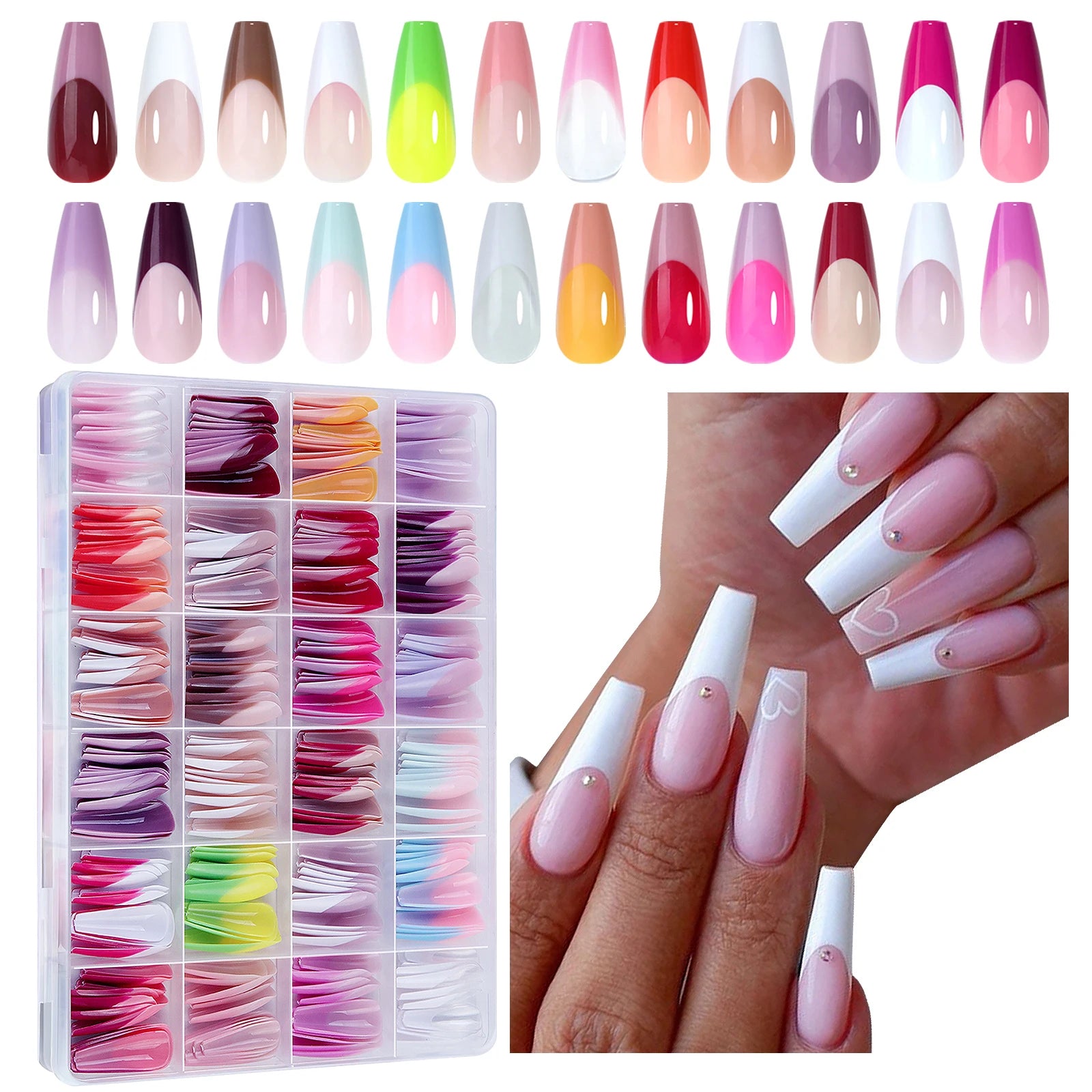 24 grid colorful French ballet false nails press on nails full cover acrylic reusable suitable for DIY kawaii false nail art set