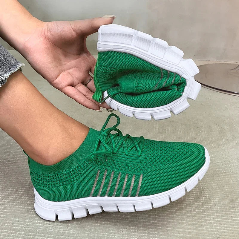 Green Soft Sole Knit Walking Shoes for Women Comfortable Breathable Mesh Sneakers Woman Plus Size Lightweight Casual Flats