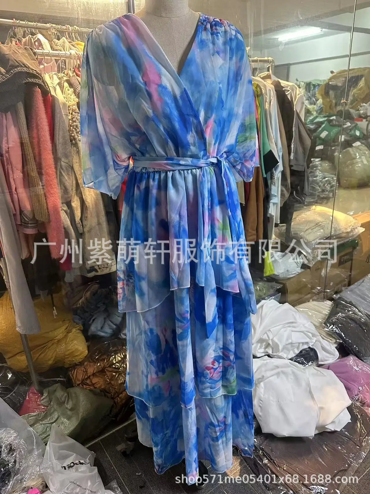 Vestido de mujer con estampado floral, multicapa, cuello en V, manga larga, estilo casual de verano