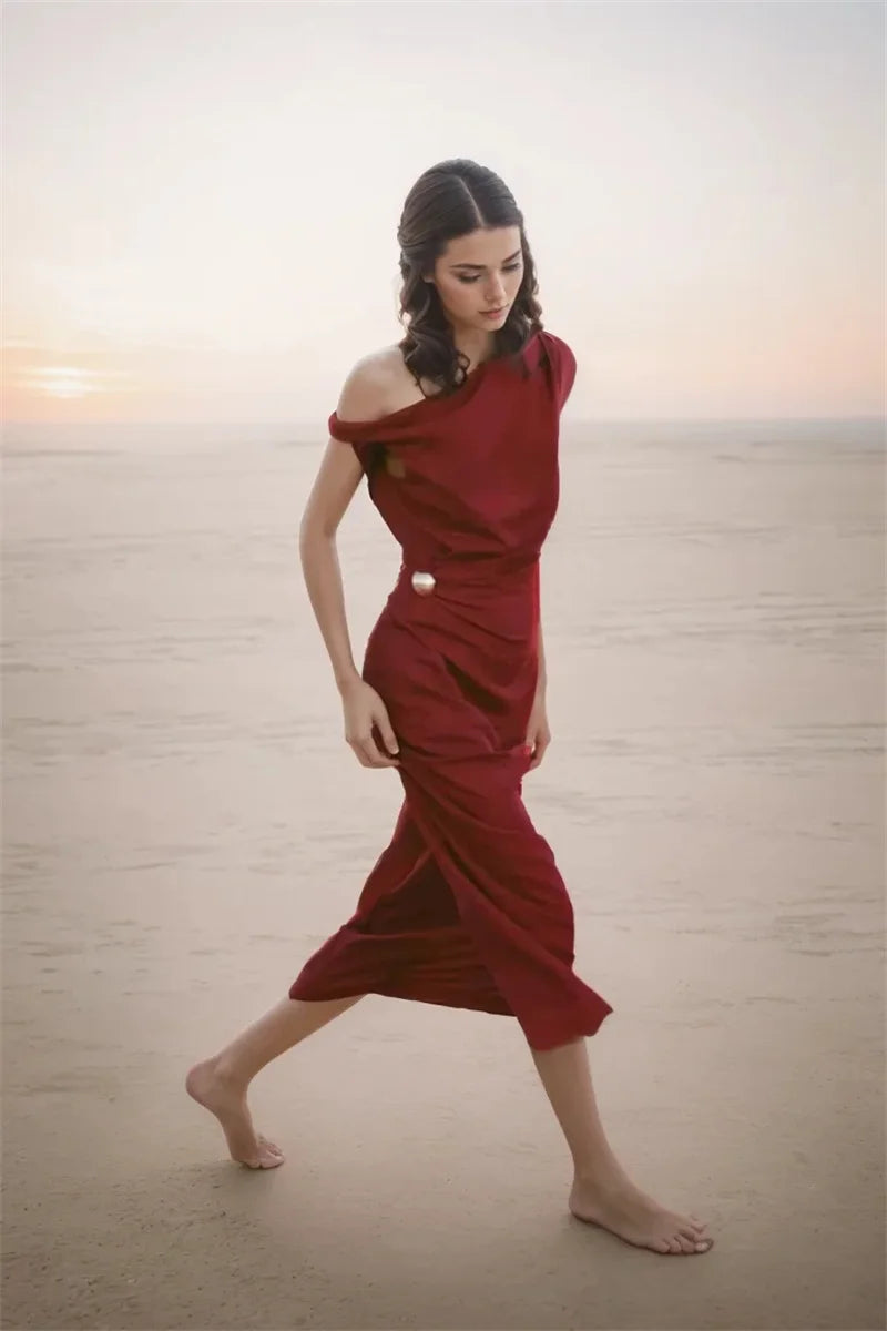 Women's New Dress Summer Red Linen Blend Pleated Midi Dress Irregular Collar Design Sexy Fashion Sense of Luxury