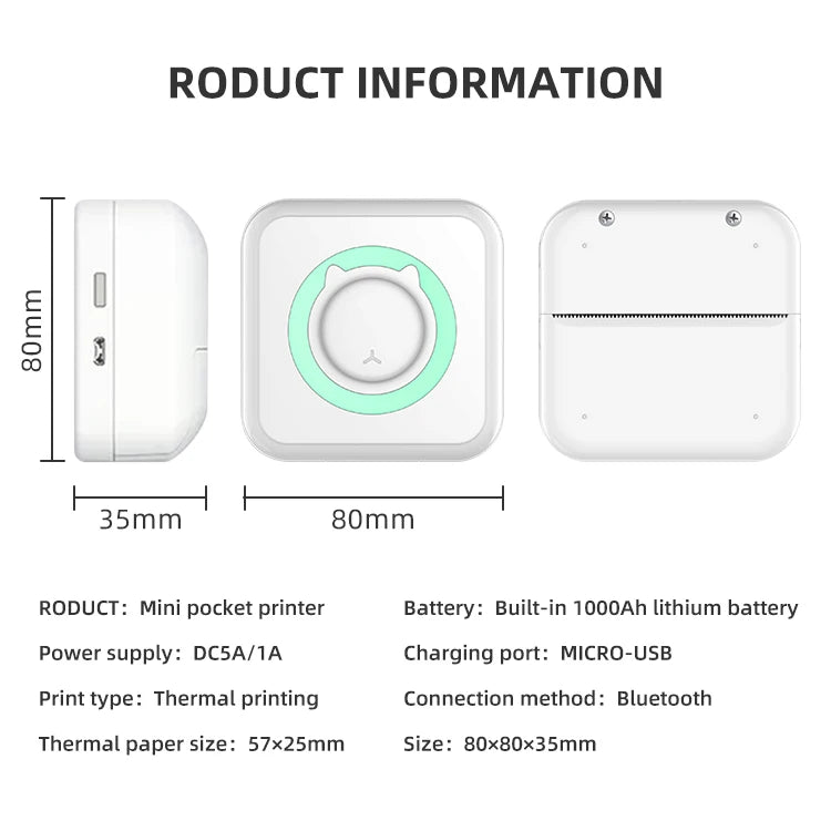 Portable Mini Thermal Printer Wirelessly BT 203dpi Photo Label Memo Wrong Question Printing With USB Cable Imprimante Portable