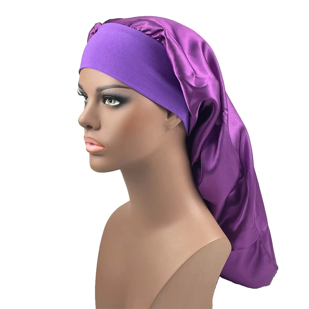 Satin Long Braid Bonnet Solid Color Sleeping Cap Bonnets for Women Wide Stretchy Band Night Cap Hats for Women
