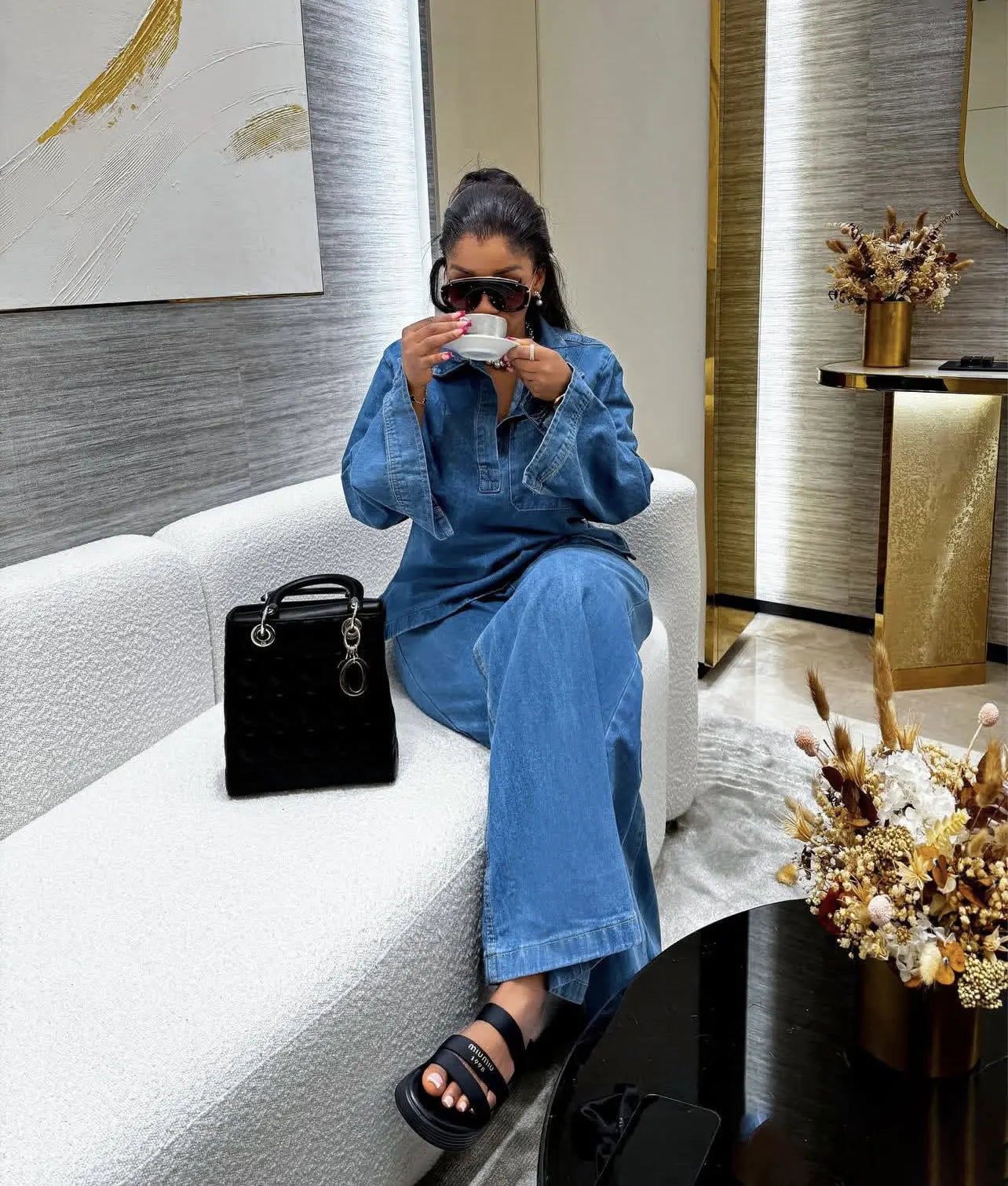 Denim Pant Set Women Two Piece Sets Turn Down Collar Mom Jeans Shirt Tops Wide Leg Long Pants Straight Trousers Y2k Streetwear