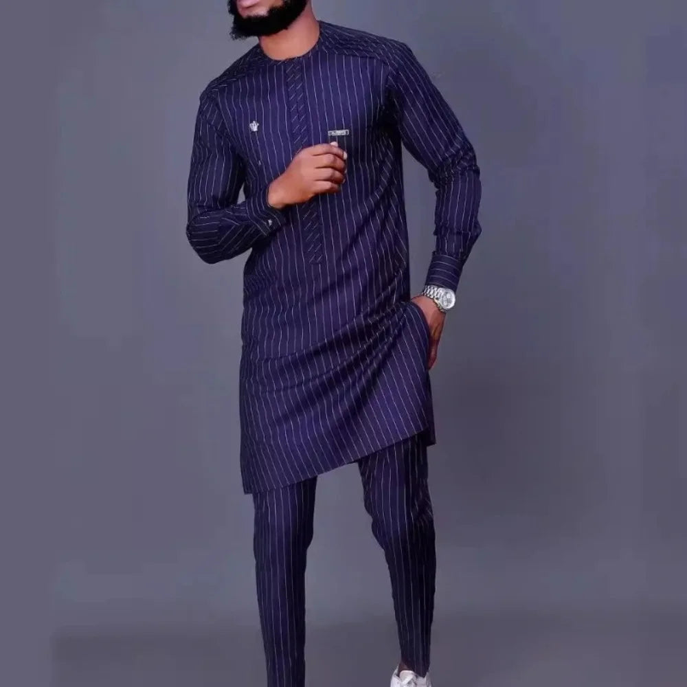 African Two Piece Set Men Outfits Pocket Splice Long Sleeve Round Collar Top Slim Pants Business Suit Africa Summer Gentleman