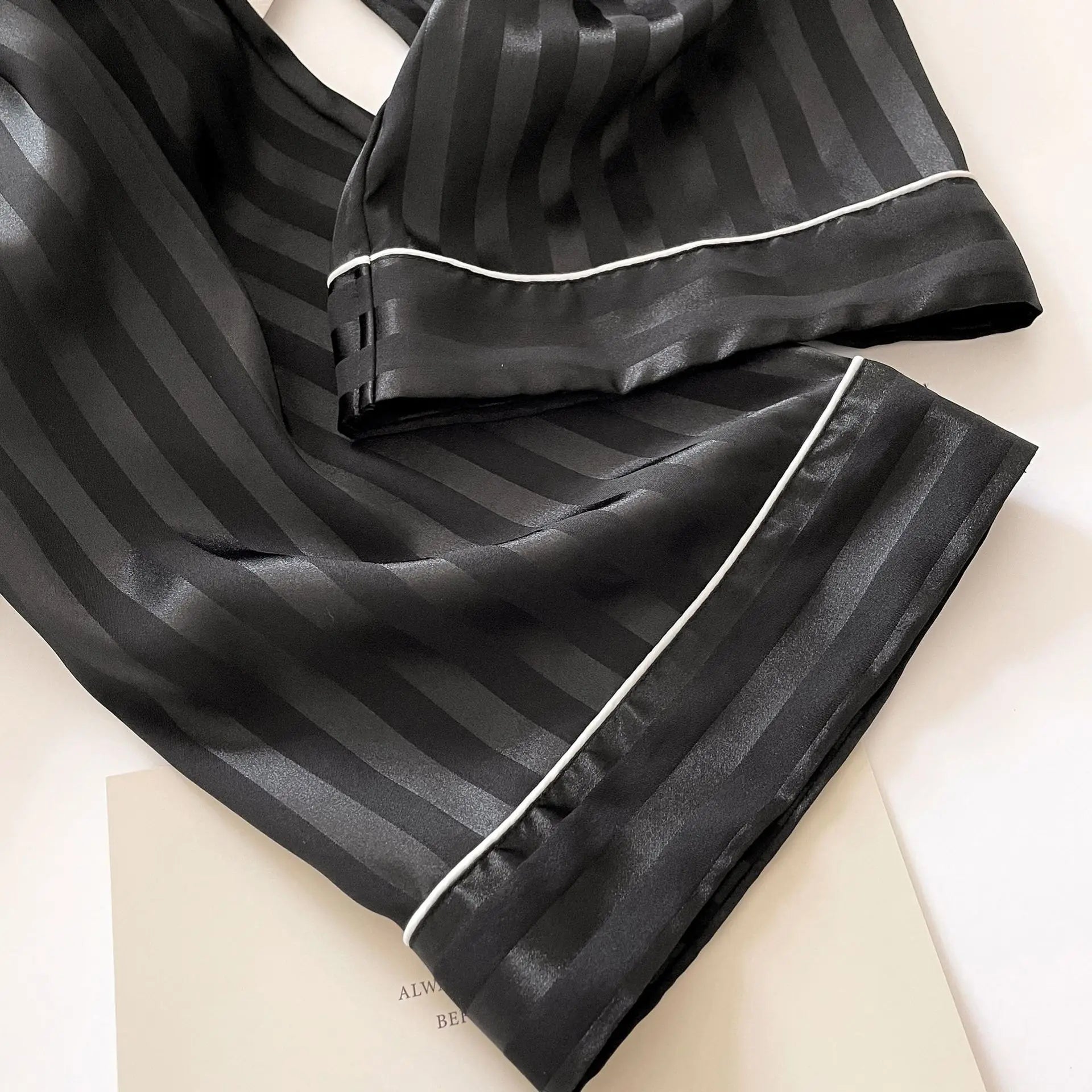 Women's Striped Pajamas Set Satin Long Sleeved Lapel Shirts Nightwear Sexy Lingerie Home Clothes Loose Sleepwear Loungewear