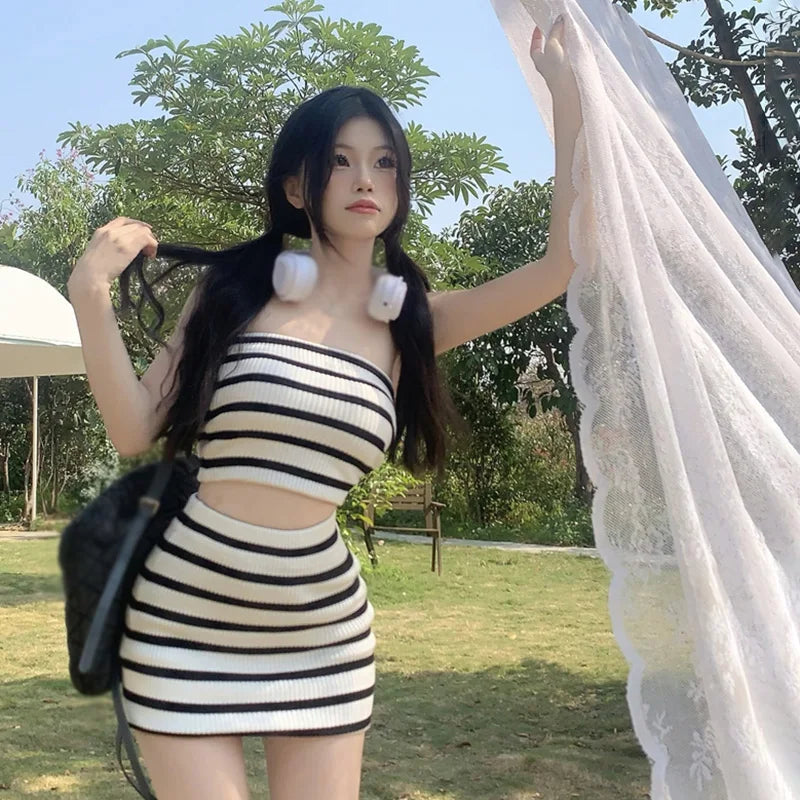 Summer Two Piece Set Women's Top Skirt High Waist Skirt Knitted Tube Top Stripe Casual Slim