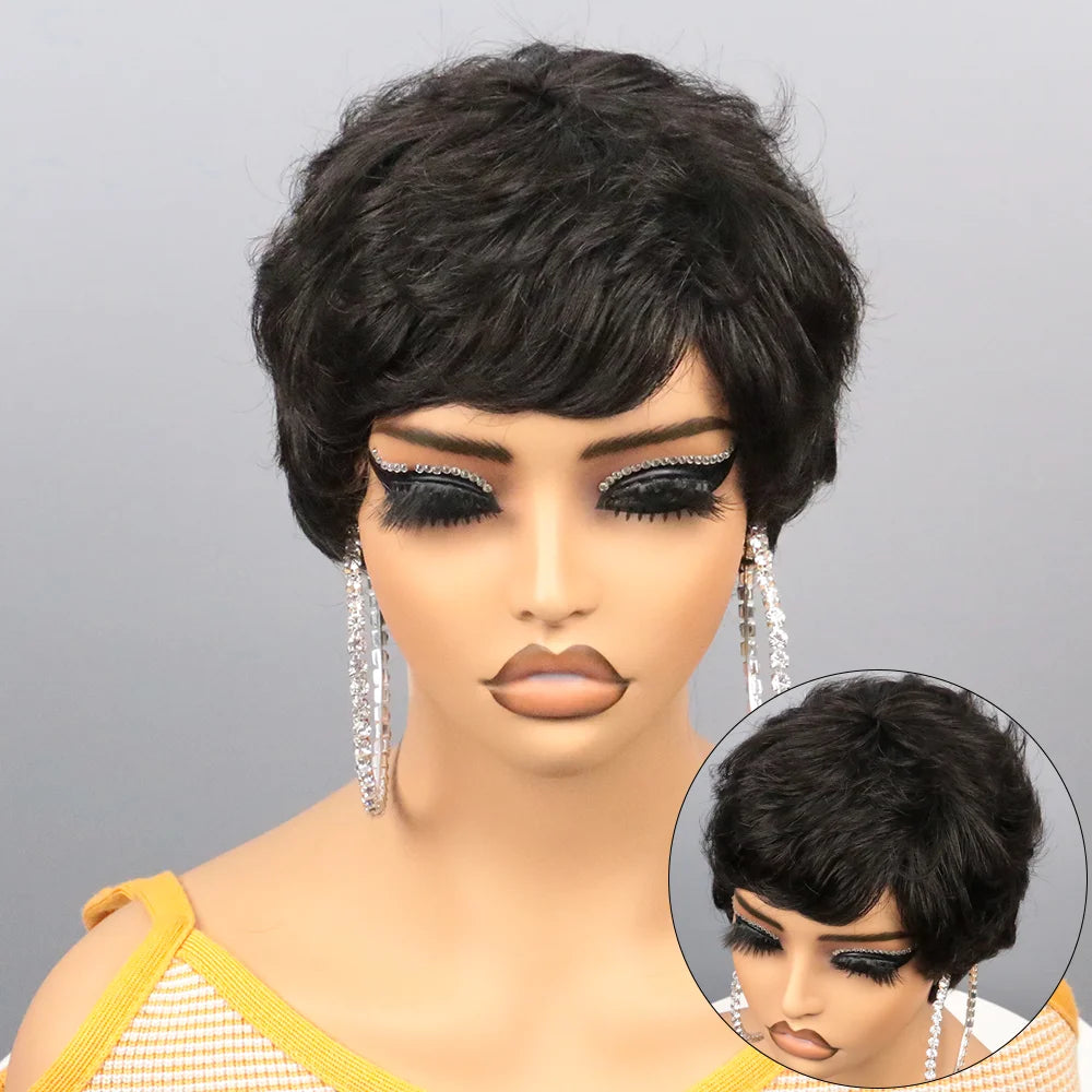 Peluca Bob Corto de Cabello Humano para Mujeres Negras, Pelucas Pixie Cut de Cabello Humano, Peluca Sin Pegamento, Peluca Sin Encaje Frontal con Flequillo, Negro Natural