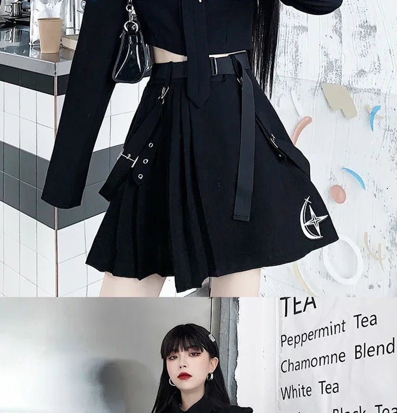Women Two-Piece Skirt Spring Oversize 4XL Black Punk Chain Ribbon Skirts Ladies Suit Female Dress Sets Harajuku Streetwear