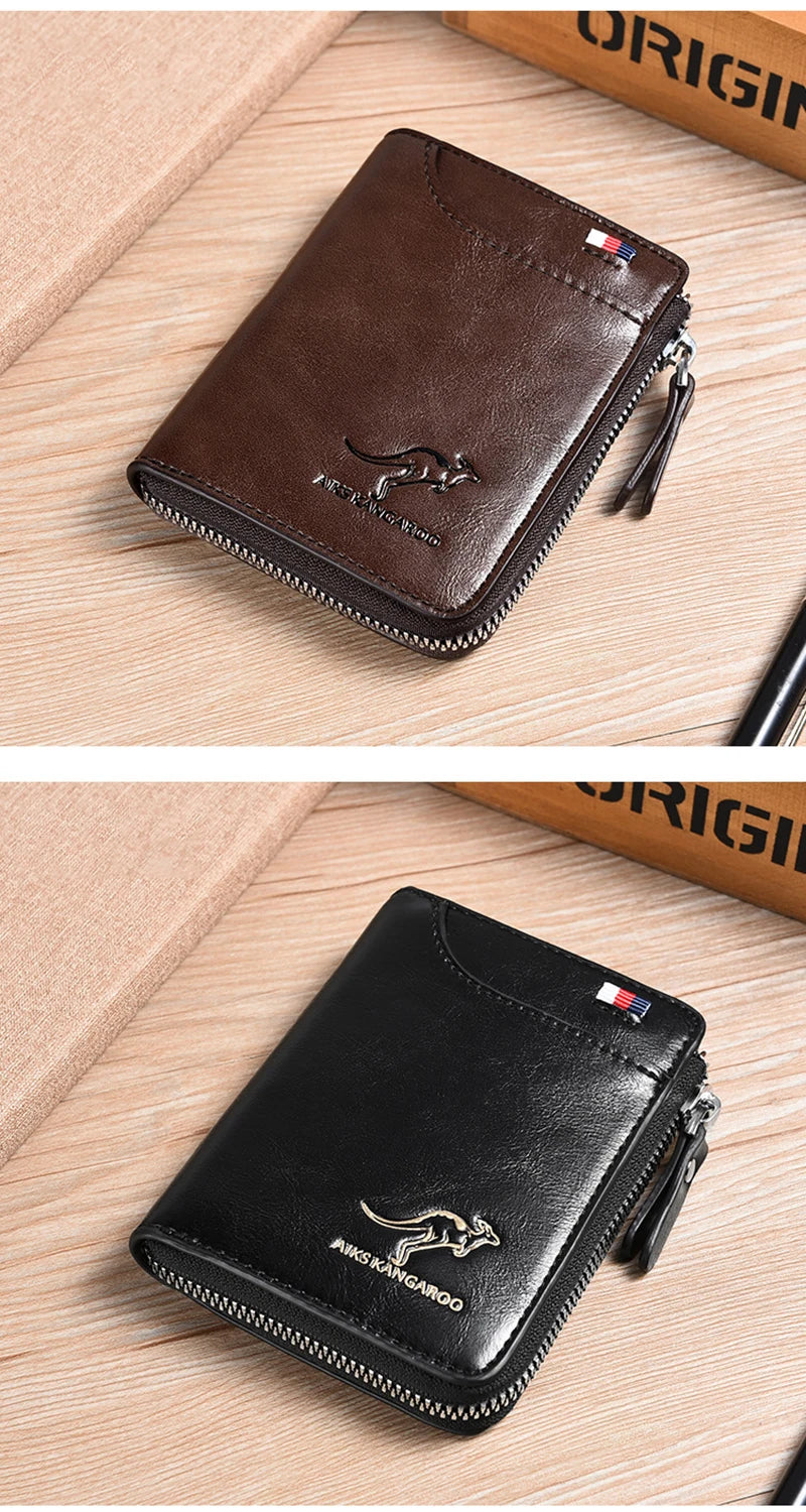 Cartera de cuero para hombre, tarjetero de negocios con cremallera, carteras de lujo para hombre, protección RFID, cartera masculina de lujo