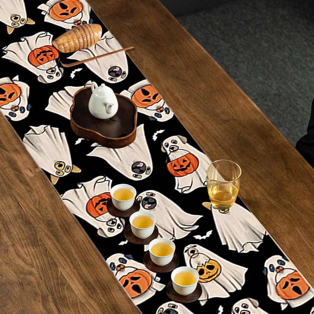 Halloween Spooky Ghost Dog Table Runner Jack O Lantern Pumpkin Bat Pumpkin Ghost Table Runner Indoor Outdoor Home Party Decor
