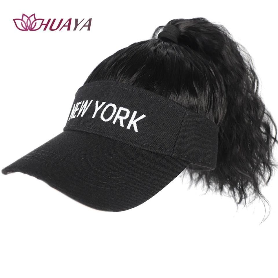 Extensiones de cabello sintético para mujer, rizadas, coleta, pelucas, sombrero, cubierta de cabeza conectada, gorra con visera, peluca para mujer, uso primavera-verano
