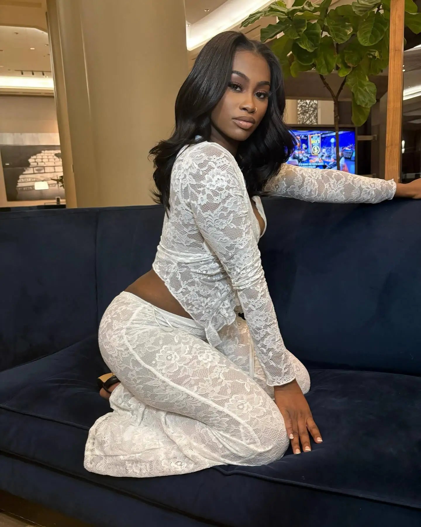 Pant Sets Women Two Pieces Cardigan Lace Sexy Tops Tracksuit Full Wide Leg Pants Loose Fit Casual Spliced High Waist Solid