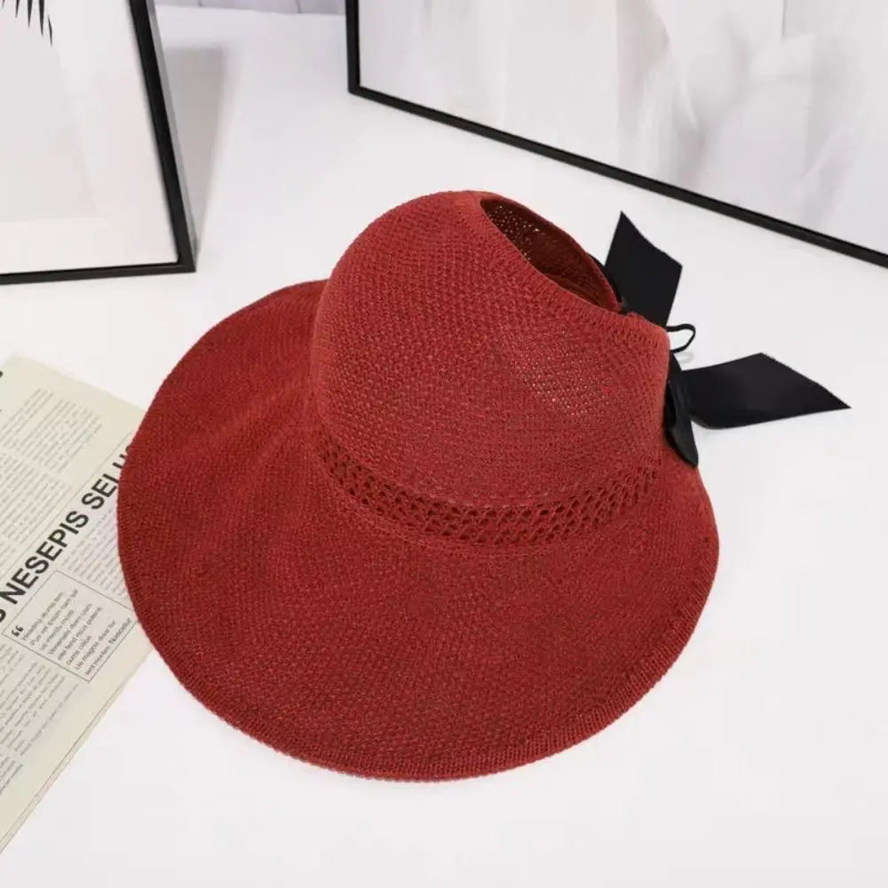 Chapeau de soleil à nœud creux tendance pour femme, large bord, queue de cheval, casquette de plage, protection UV, crochet