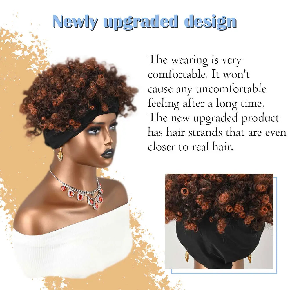 Peluca de diadema rizada afro, peluca de pelo sintético con fibra rojiza y ombre, peluca de turbante sin pegamento para uso diario