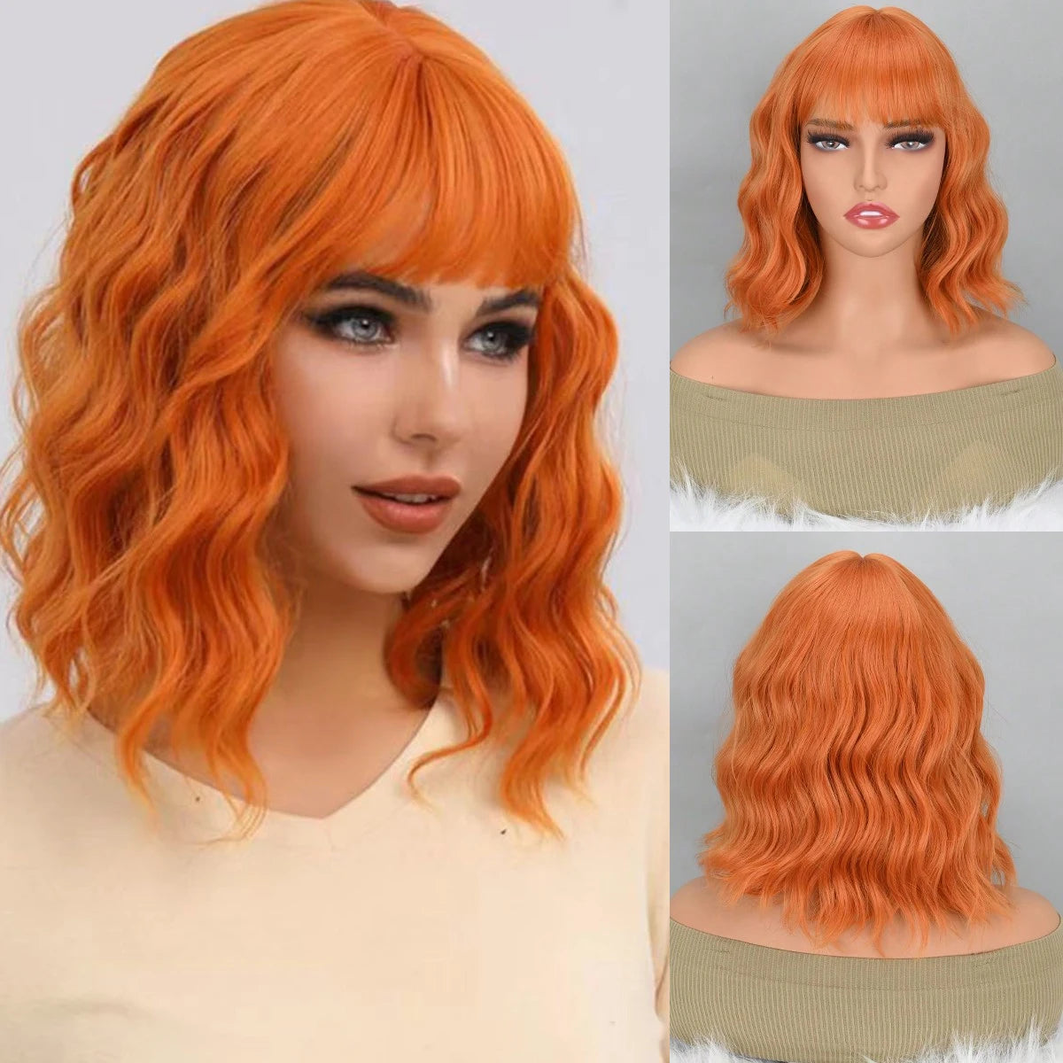 Short Wavy Curly Women Fresh Bright Synthetic Ordinary Flat Bangs Bob Wig (Light Orange)