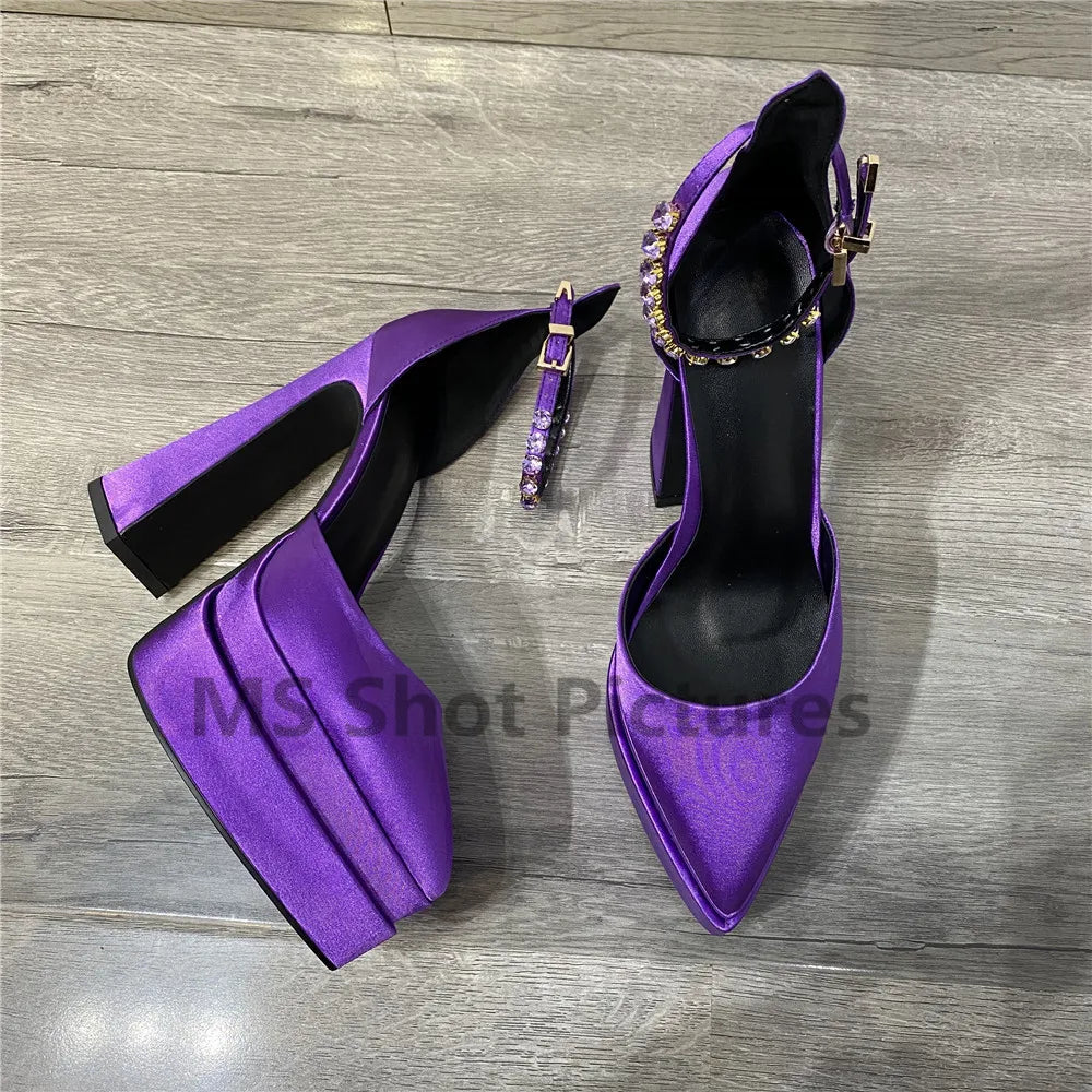 Luxury Women High Heel Shoes Platform Sandals Pointed Toe Woman Silk Pumps Sexy Rhinestone Buckle Chunky Heel Wedding Shoes 2024