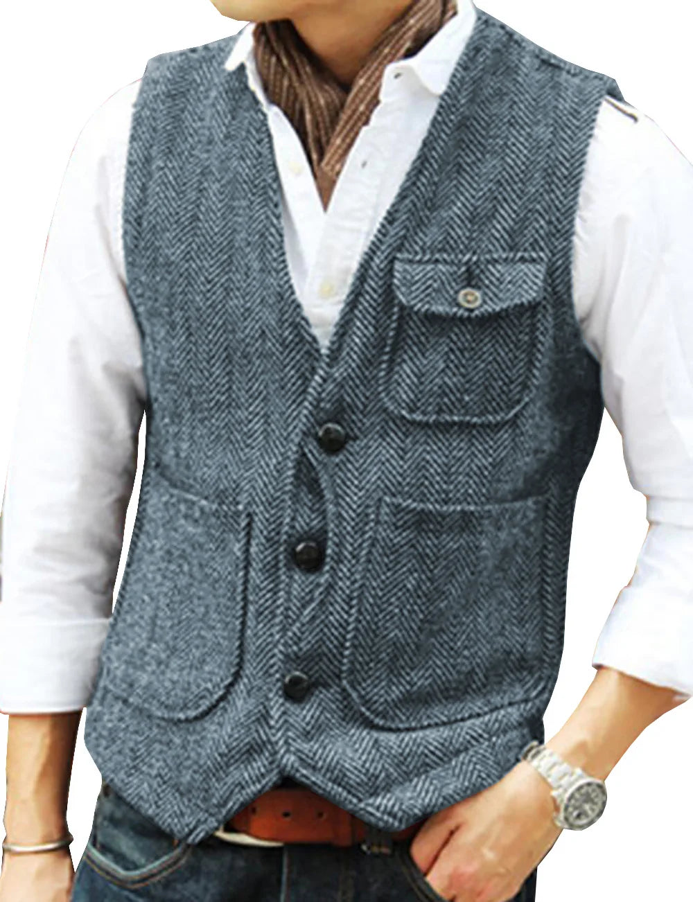 Vest Men's Casual Tooling Formal Herringbone Tweed Brown V Neck Wool Waistcoat Business Vest Groomsman For Wedding Prom