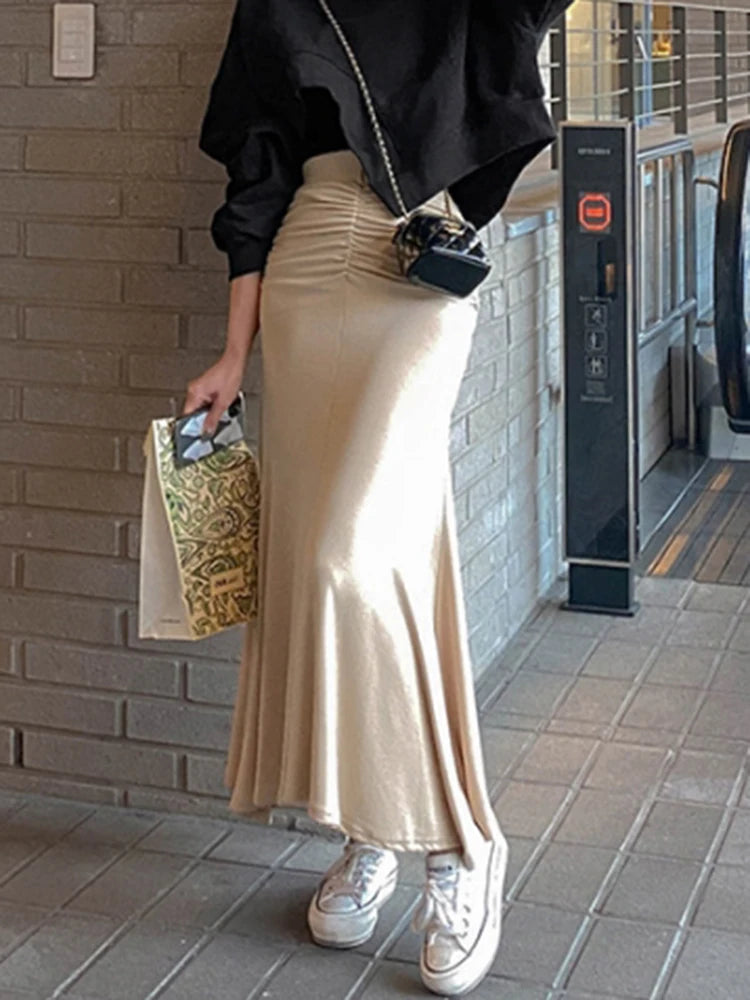 Shirring Satin Skirts for Women High Waisted Skirt Women A-Line Elegant Skirts Summer Pink Midi Skirt New Korean Style