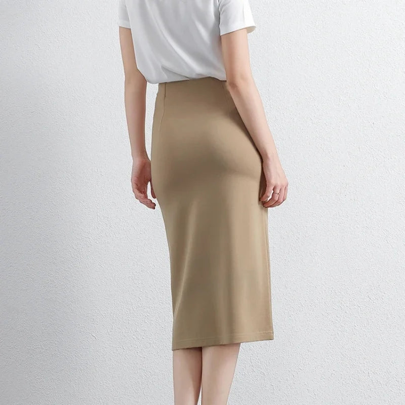 Women Elegant OL Bodycon Skirts Office Faldas Saia Work Slim Fit Jupe Autumn Fashion High Waist Solid Knee-length Skirt