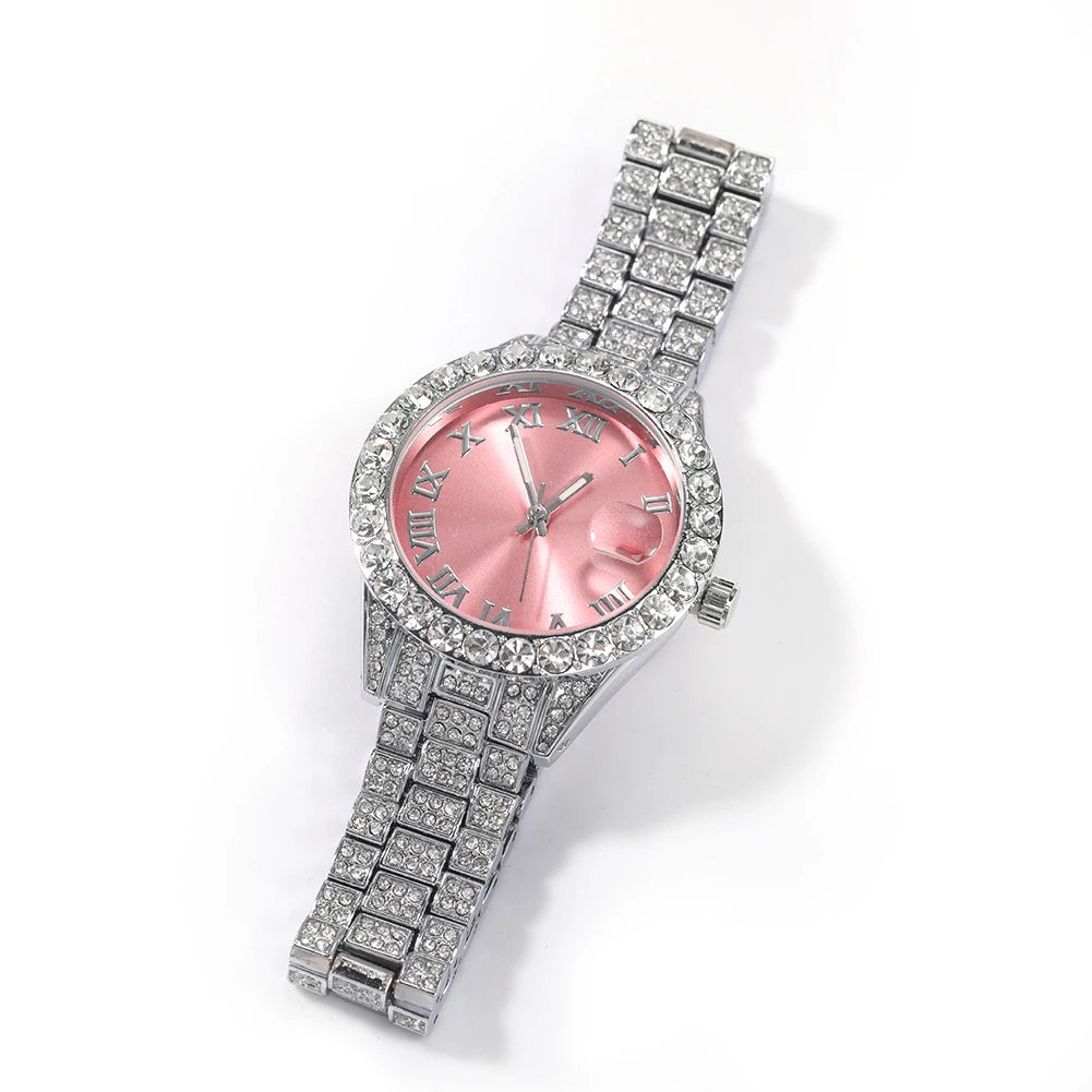 Uwin Women's Watch Baby Pink Iced Out Quartz Clock Small Dial Luxury Rhinestone Waterproof Wrist Watch Small Size For Women
