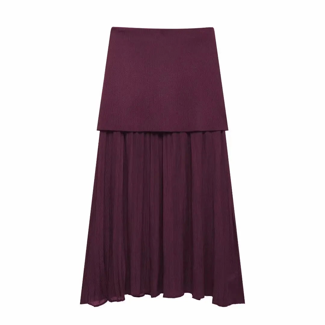 TRAFZA Women Skirt Set Wine Red Knitted V-Neck Sleeveless Slim Vest +Solid High Waist Zipper Patchwork Long Skirt Street