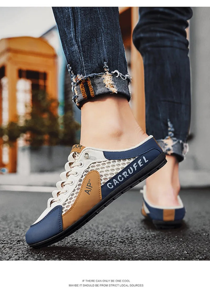 Men's Half Slippers Fashion Outdoor Casual Shoes for Men Walking Flats Soft Sole Support Slipper Mesh Breathable Slip-On Loafers