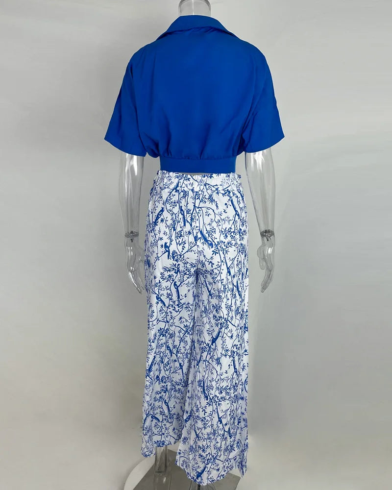 Women Bell Bottom Pants Sets Solid Color Half Sleeve V-neck Shirt Printed Top Wide Leg Pants Summer Fashion 2 Piece Set Clothing