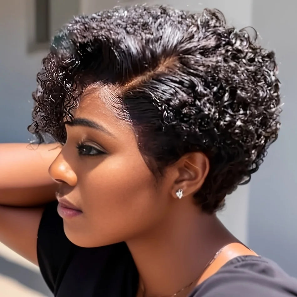 Short Curly Pixie Wig – 150% Density 6-Inch Human Hair with 13x1 T-Part Lace