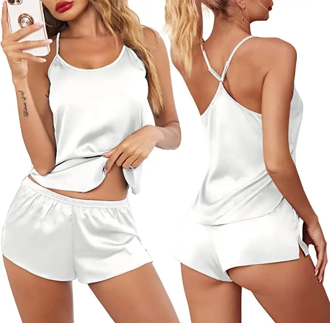 Conjuntos de pijama de satén y encaje sexy para mujer, ropa de dormir, tops sin mangas + pantalones cortos, conjuntos de 2 piezas de pijama para mujer