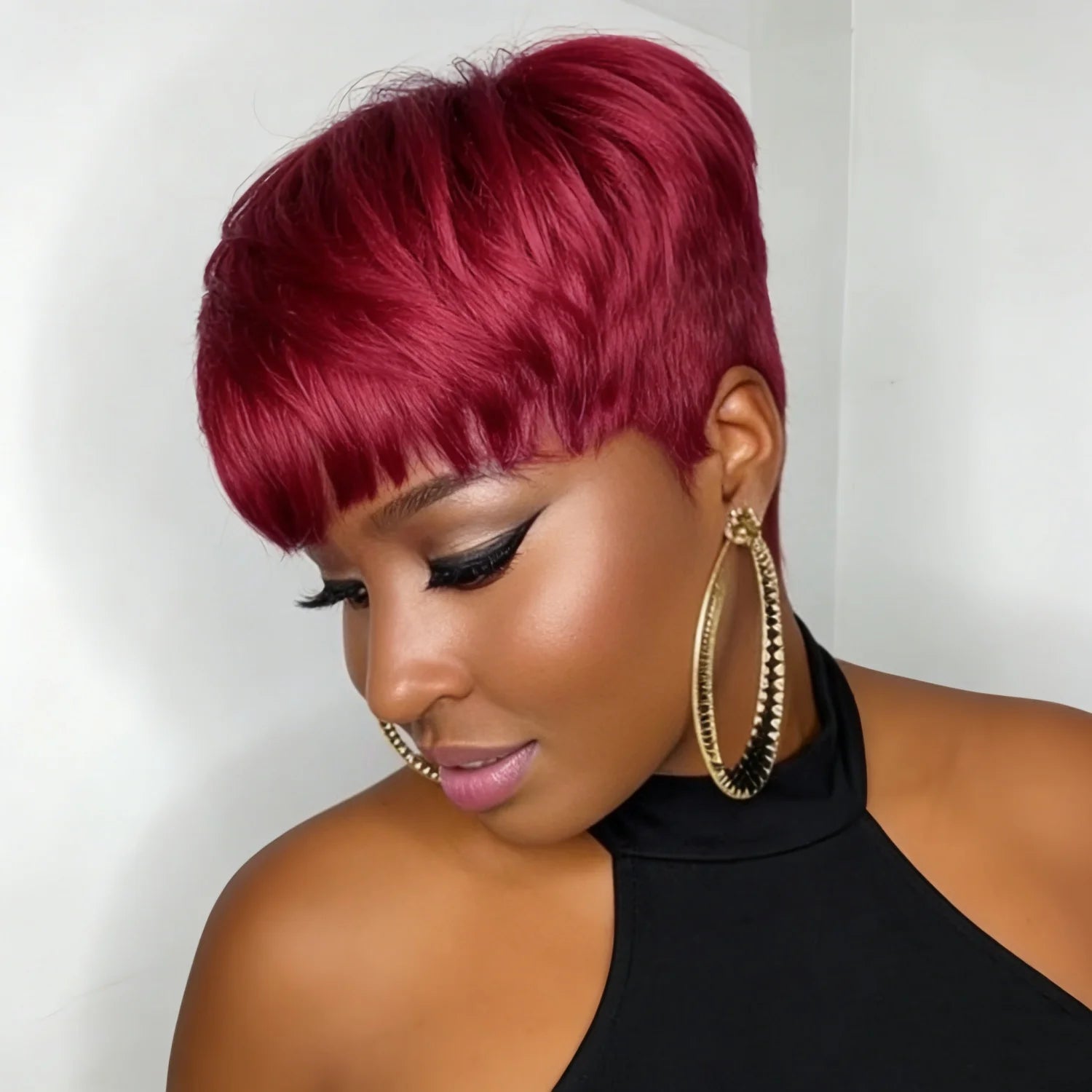 Short Human Hair Pixie Cut Straight Full Machine Made Wigs with Bangs for Daily Wear