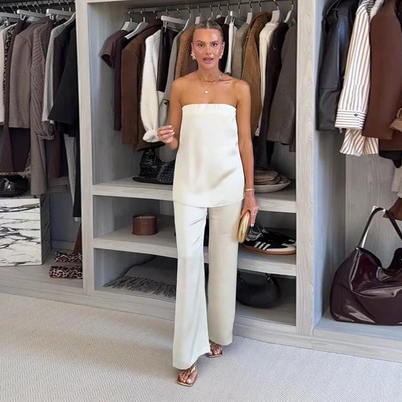 Elegant Satin Top Pants Sets Women Sleeveless Backless Tube Tops Zipper Wide Leg Trousesr 2025 Summer Lady Vacation Outfits