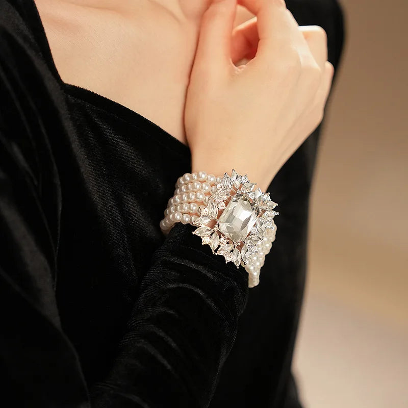 Inlaid Rhinestone Geometric Pearl Jewelry Set Women Beaded Choker Light Luxury Multi-layer Necklace Fashion High Sense Earring