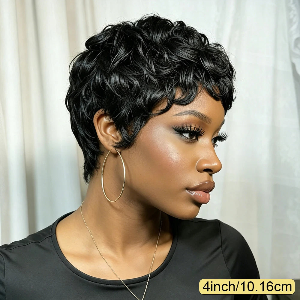 Short Black Curly Pixie Cut Brazilian virgin Human Hair Wigs with Bangs,  Natural Black Layered Wavy Wigs with Fringe, Full Machine Made,  Daily/Party Wear