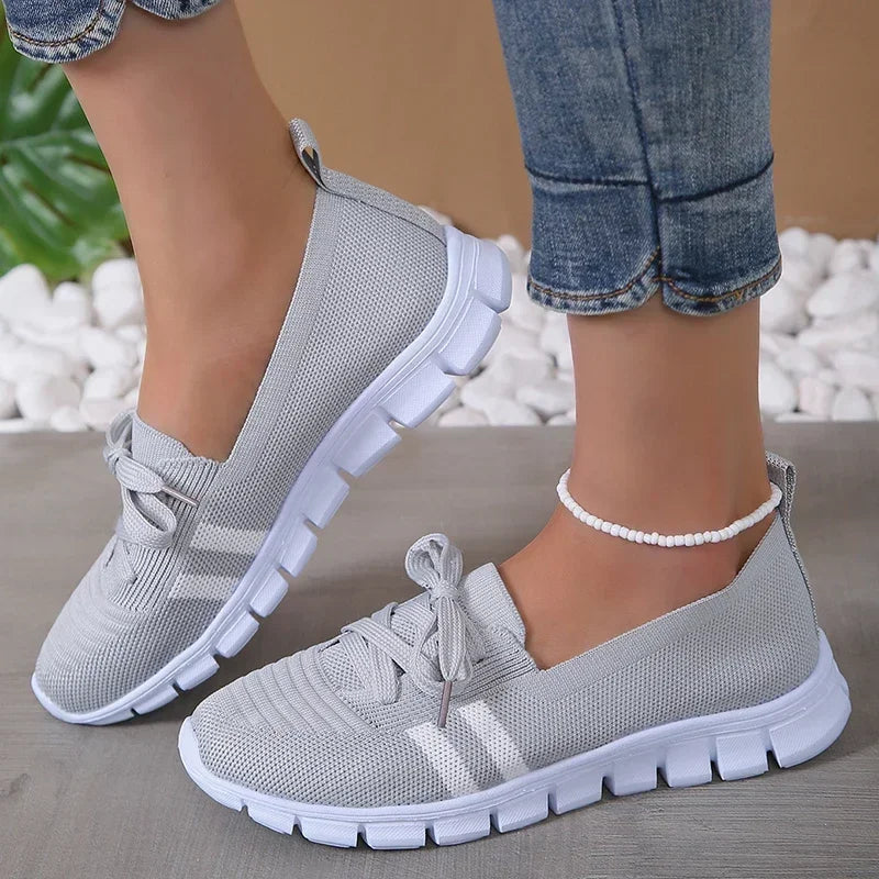 Zapatos planos de punto transpirables a rayas para mujer, zapatillas informales con cordones de suela blanda, mocasines ligeros antideslizantes de talla grande 43 para mujer