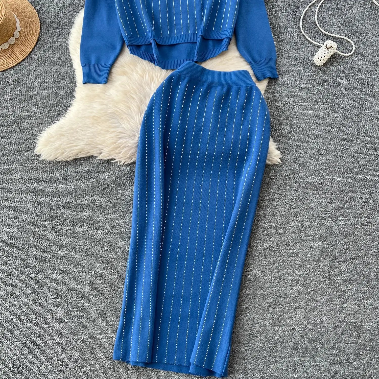 Women Skirt Sets Two Piece Sweater Set Full Sleeve Knit Tops Dress Sets Wrap Hip Skirts Casual Top Diamonds Spliced Autumn 2025
