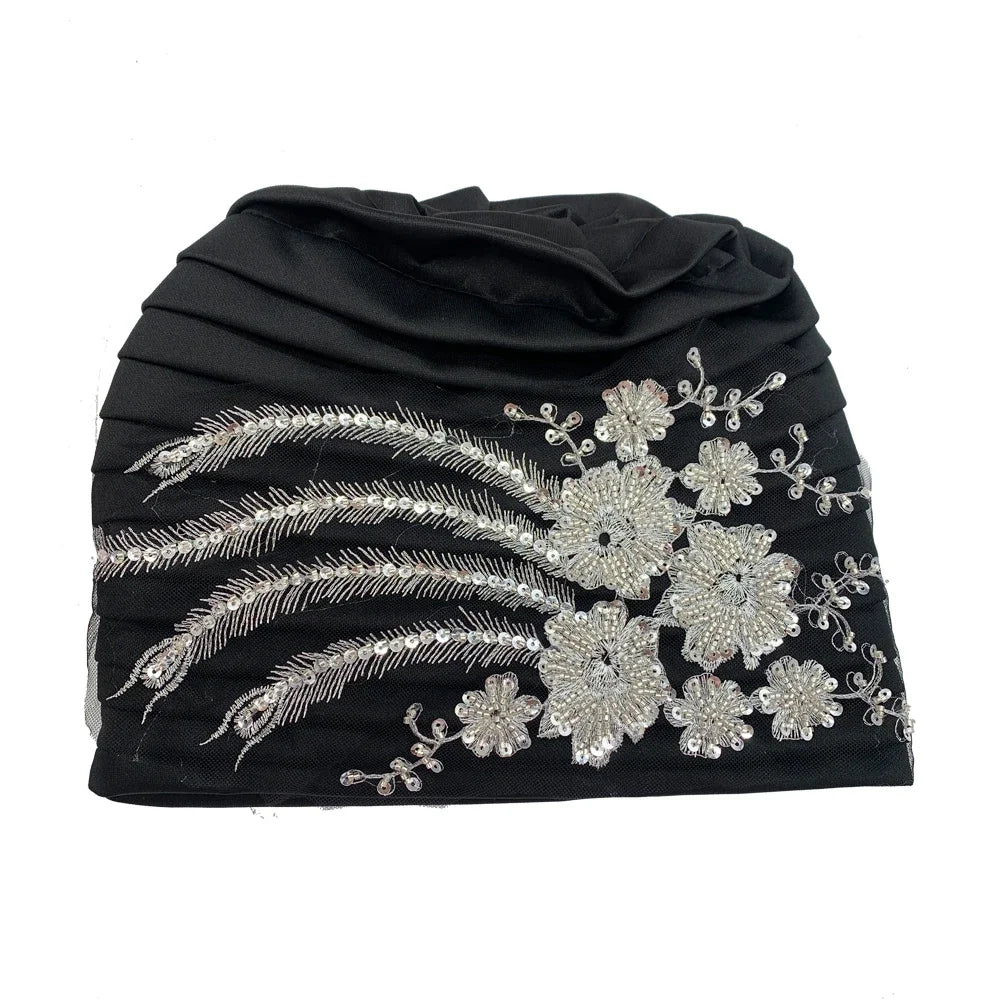 Gorro turbante plisado bordado de lujo con cuentas para mujer, gorro turbante africano para mujer, turbante musulmán, envolturas para la cabeza de mujer
