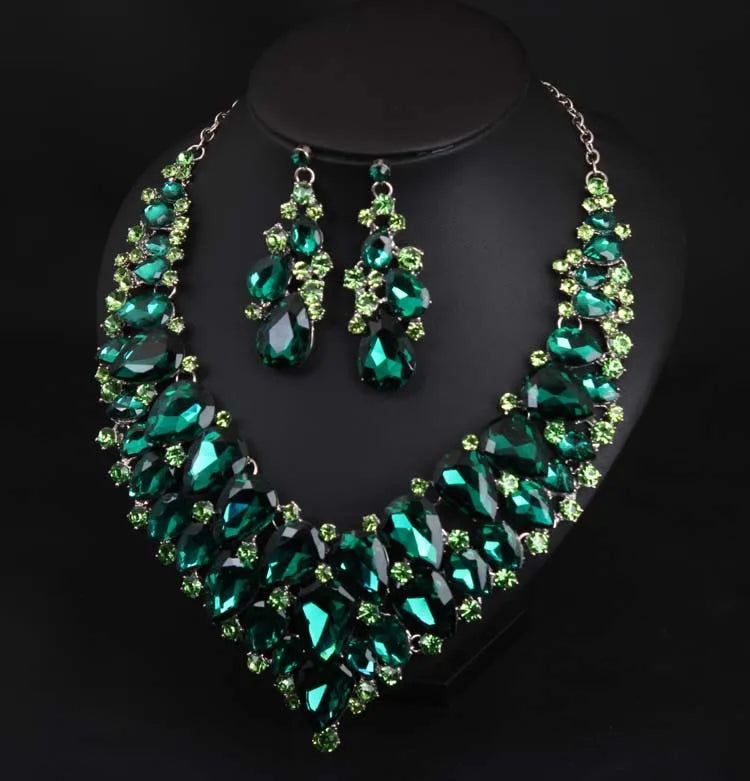 Luxury Super Shiny Colored Gems Crystal Jewelry Set Trendy Necklace Earring Women Wedding Bridesmaid Accessories Gift Wholesale