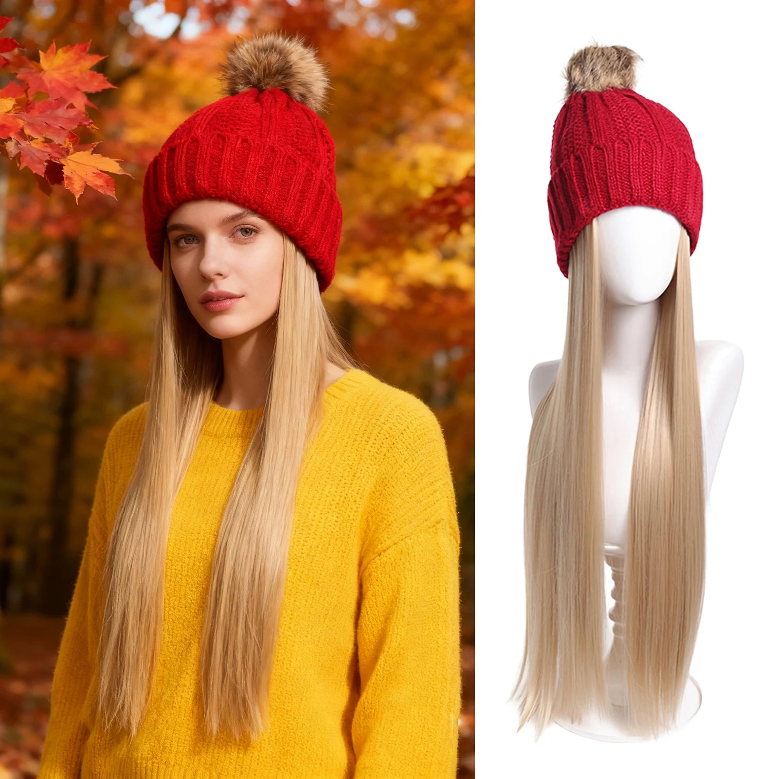Gorro de punto para mujer, con pelo largo liso, cálido, para invierno, con pelo de fibra sintética negra realista, para clima frío