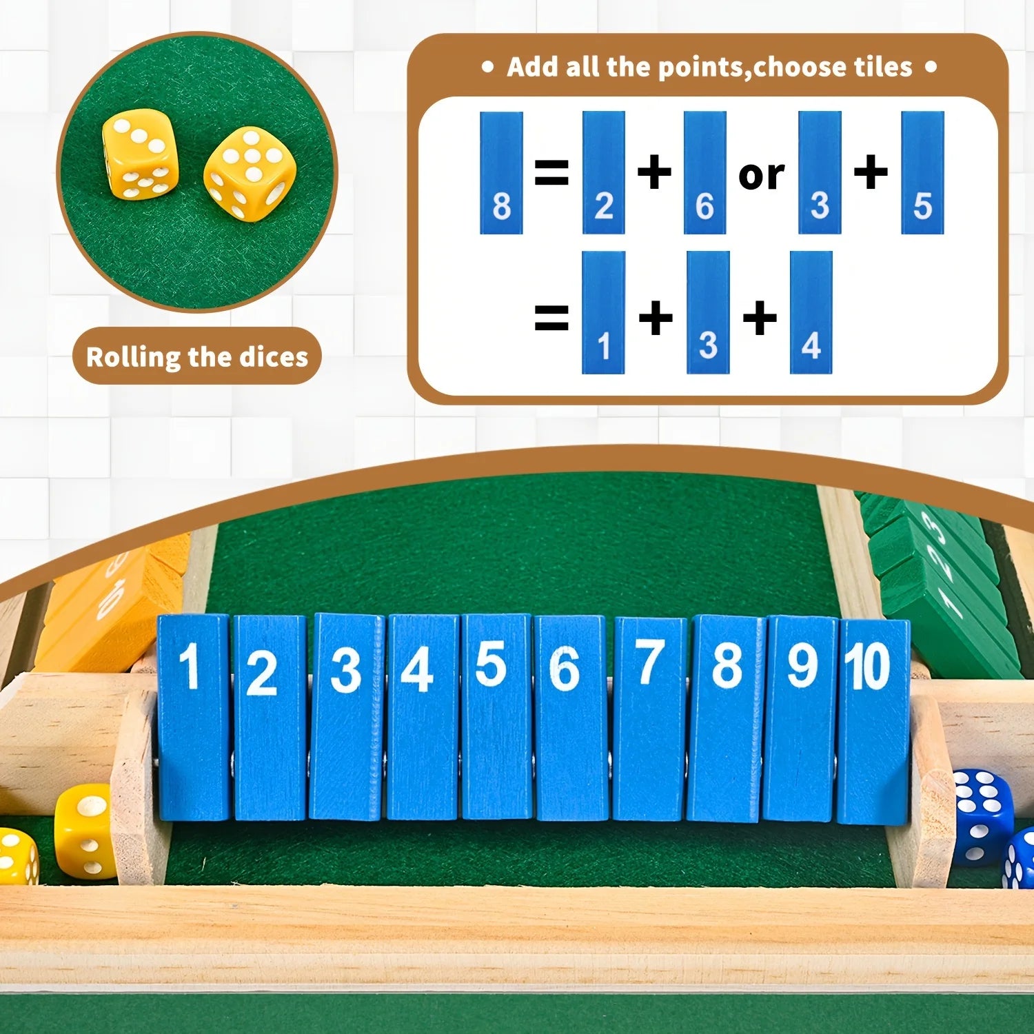 Classic 4 Sided Wooden Board Game With 2 Dice And Shut-The-Box Instructions, Classics Tabletop Version And Pub Board Game