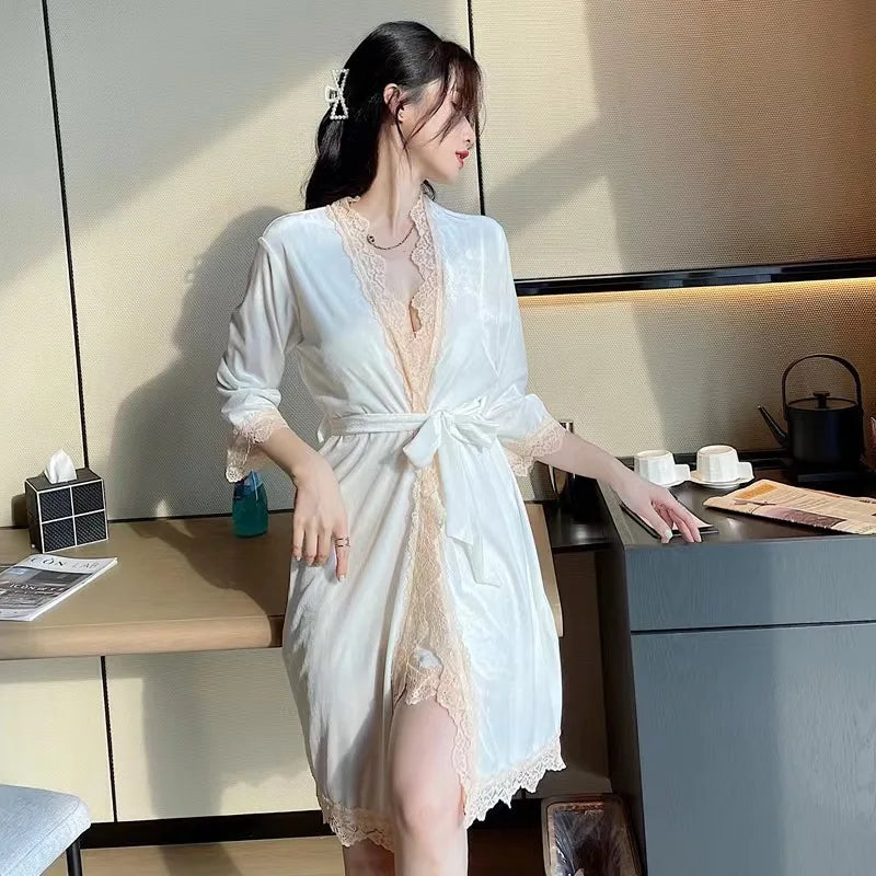 Women's Pajamas Set Sexy Female Winter And Fall Pure Desire Long-sleeved Set Of Velvet With Corset Pads Halter Nightgown Robe