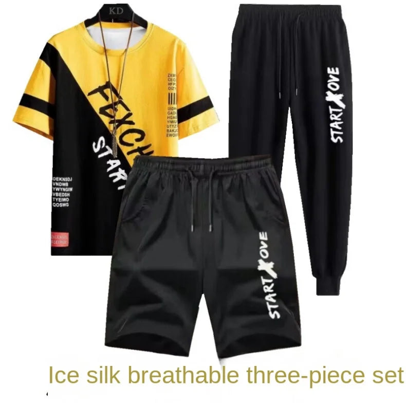 Youth quick-drying sports shorts three-piece set men's summer student suit men's casual thin trendy short sleeve t-shirt
