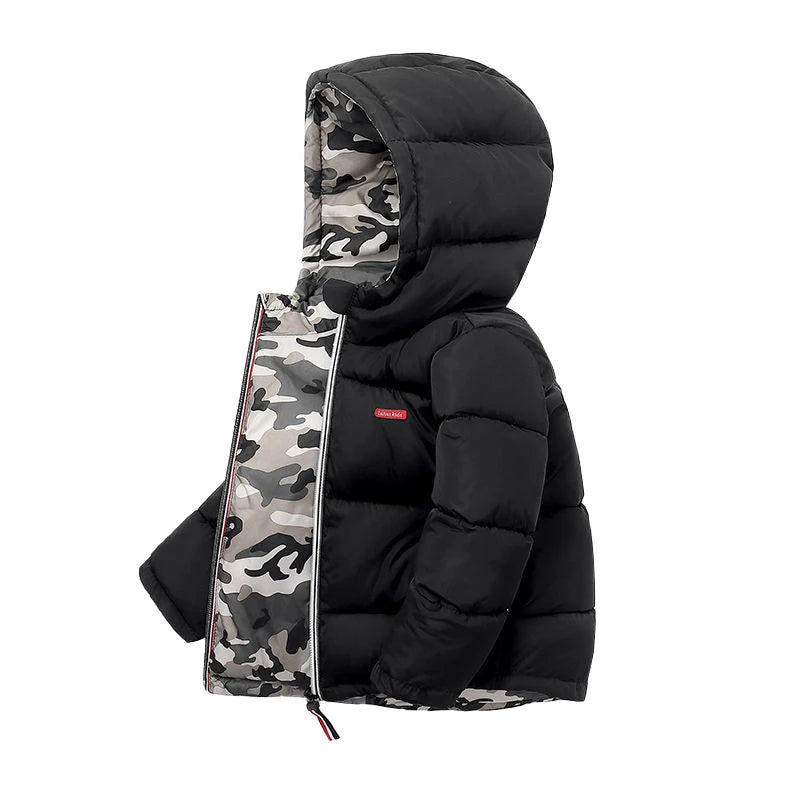 Winter Boys Down Jackets Thicken Warm Double Sided Wear Hooded Kids Coat For 2-10 Years Children Outerwear Clothing