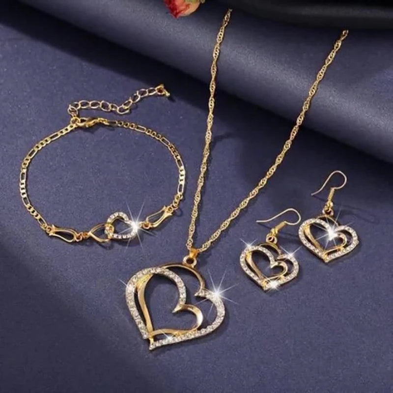 Women's Fashion Double Heart Jewelry Set Girls Delicate Necklace Earrings Bracelet Trendy Accessories Anniversary Wedding Gift
