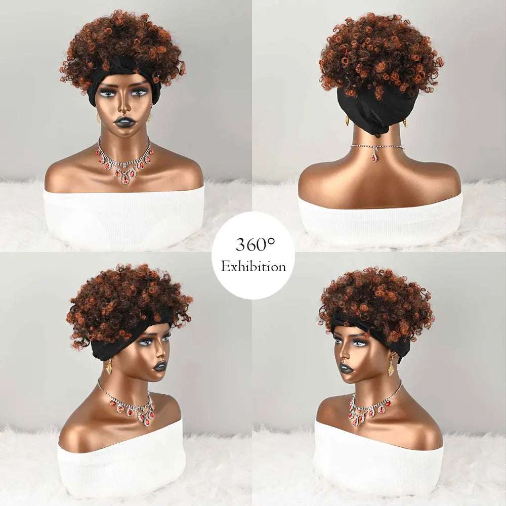Afro Curly Puff Headband Wig, Reddish Brown Ombre Synthetic Fiber Hair Wig, No Glue Turban Wig for Daily Wear