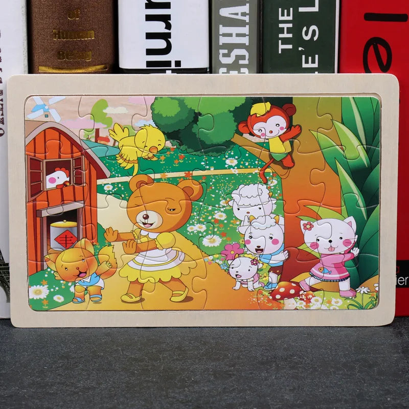 New 24 Pieces Wooden Puzzles Kids Cartoon Animal Wood Jigsaw Early Educational Learning Toys for Children GIFT